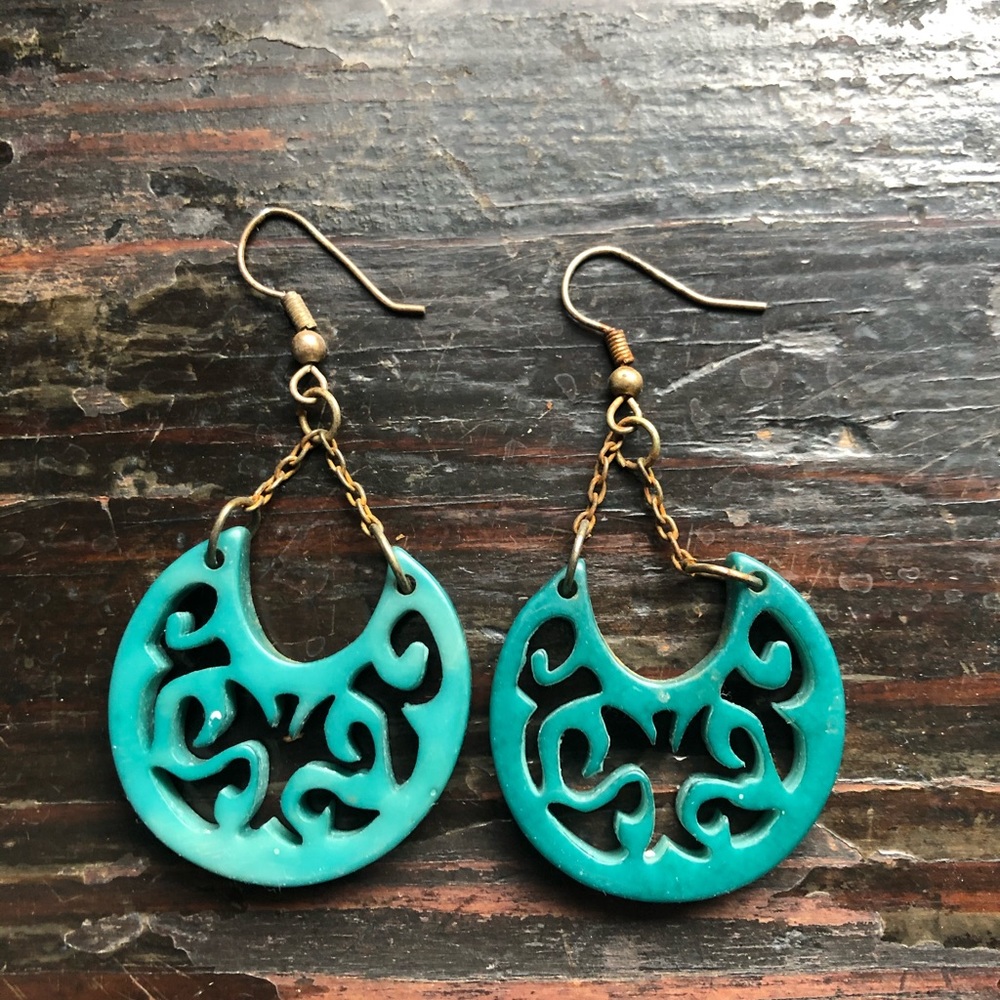 Teal colored boho dangly acrylic earrings